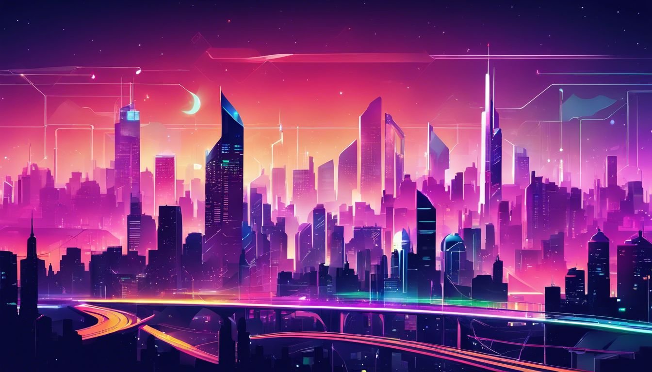A futuristic city skyline with interconnected buildings at night.
