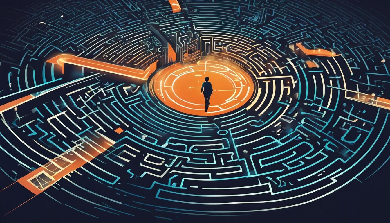 A person navigating a futuristic maze with advanced technology and complex pathways.