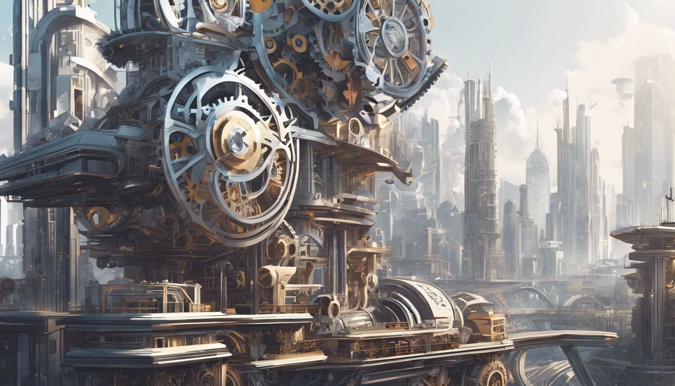 A network of gears in a futuristic cityscape with towering skyscrapers.