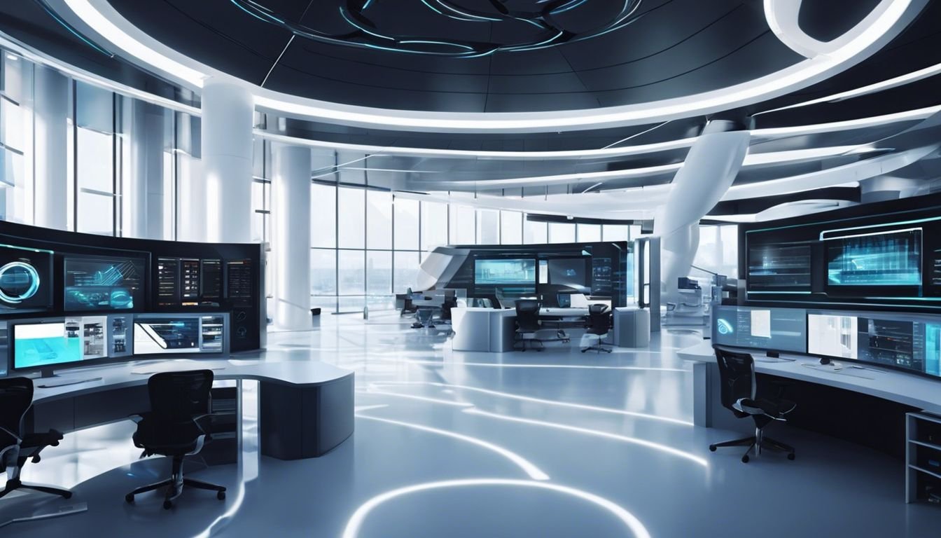 The interior of a high-tech research facility with futuristic computer systems.