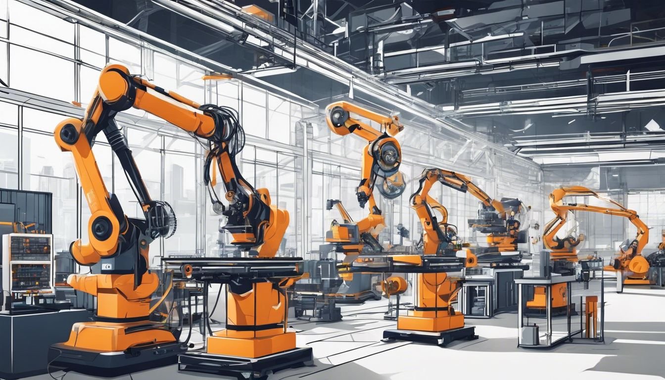 Robotic arms assemble complex machinery in a futuristic factory.
