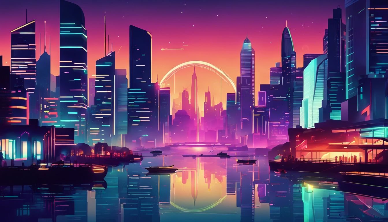 A futuristic city skyline at night with glowing neon lights and bustling traffic.
