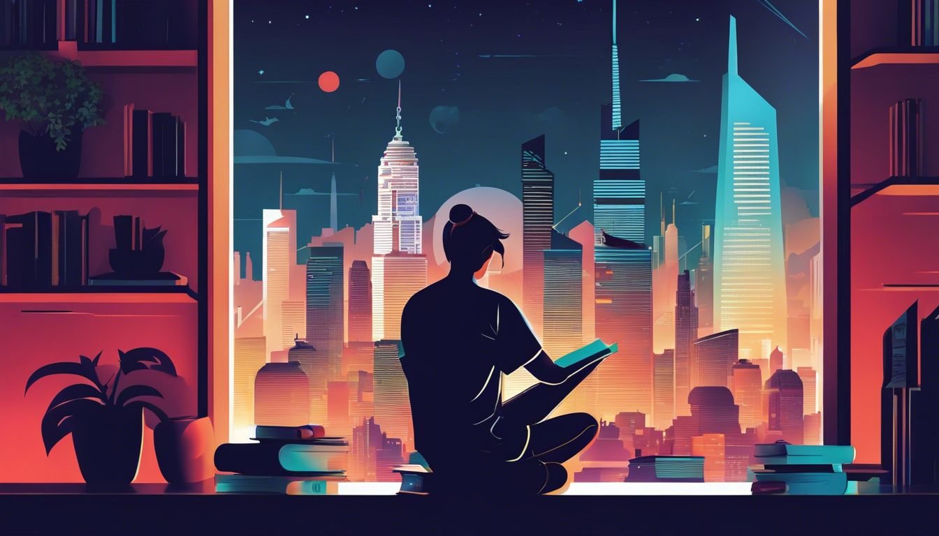 A person reading a book in front of a futuristic cityscape.