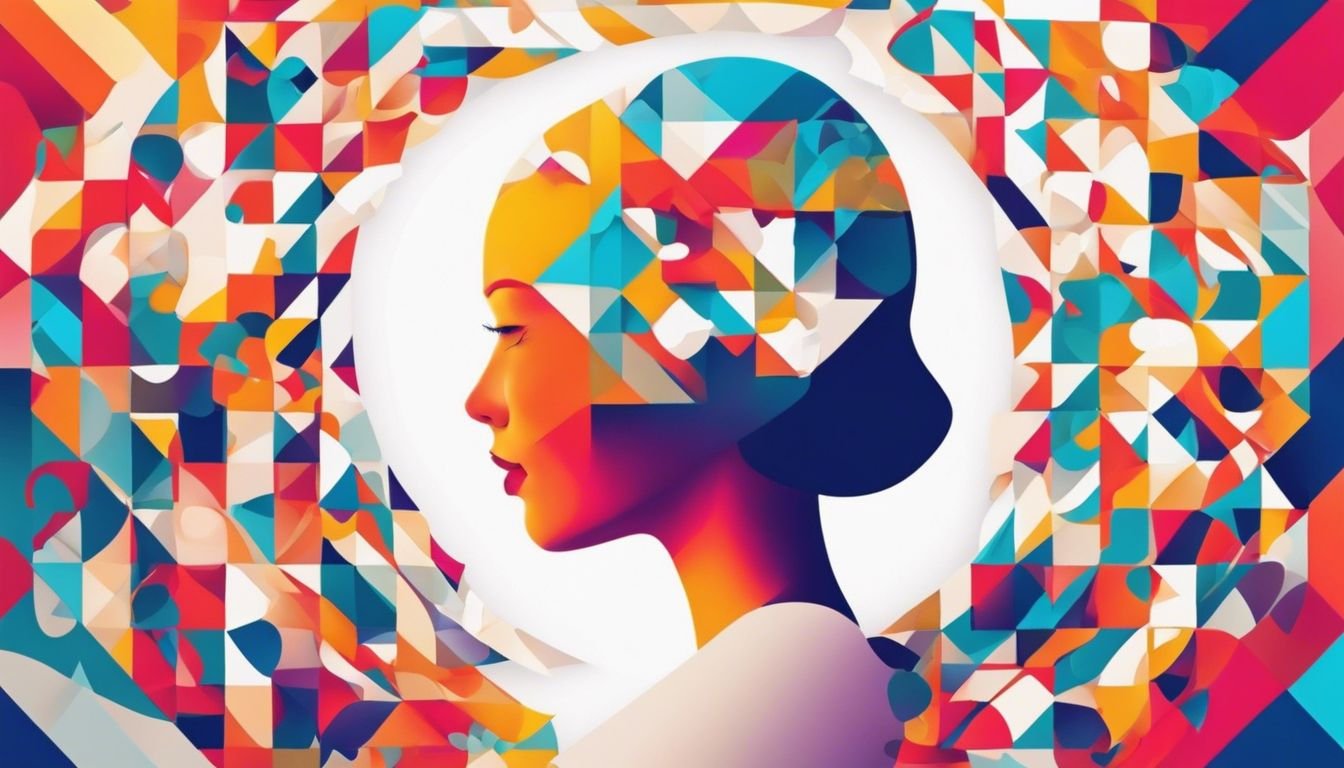 A person interacting with vibrant, abstract digital art in flat design.