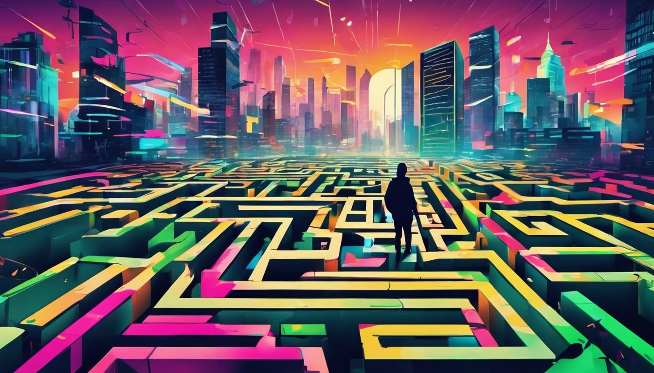 A person navigating a vibrant graffiti-filled urban maze with determination.